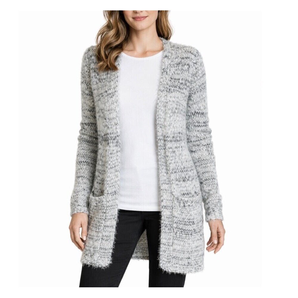 Madison Lilly cardigan sweater open front pockets eyelash gray white SZ MD